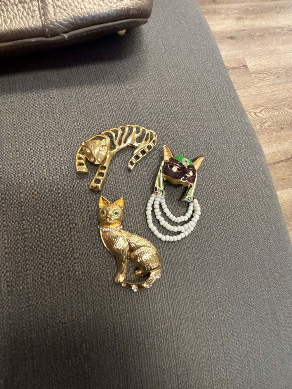 Vintage Gold Tone Cat and Egyptian Bastet Figural Brooch Assorted Lot of 3